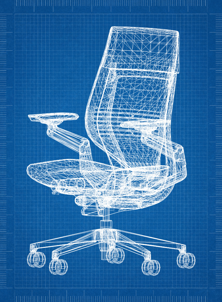  Technical wireframe blueprint of an ergonomic office chair with adjustable armrests and rolling base, displayed on a blue grid background.